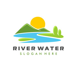 Mountain river icon of nature landscape with forest, hills and sun, vector emblem. Mountain river symbol of valley park with sunrise over fields for travel or farming and agriculture brand sign
