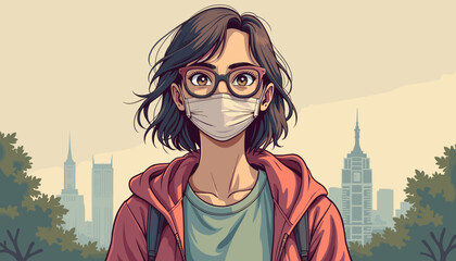 Young woman wearing mask expressing confidence against city skyline