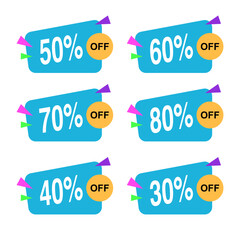 Discount Sale Tags Collection.30%, 40%, 50%, 60%, 70%, 80% Off Labels
