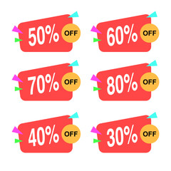 Discount Sale Tags Collection.30%, 40%, 50%, 60%, 70%, 80% Off Labels