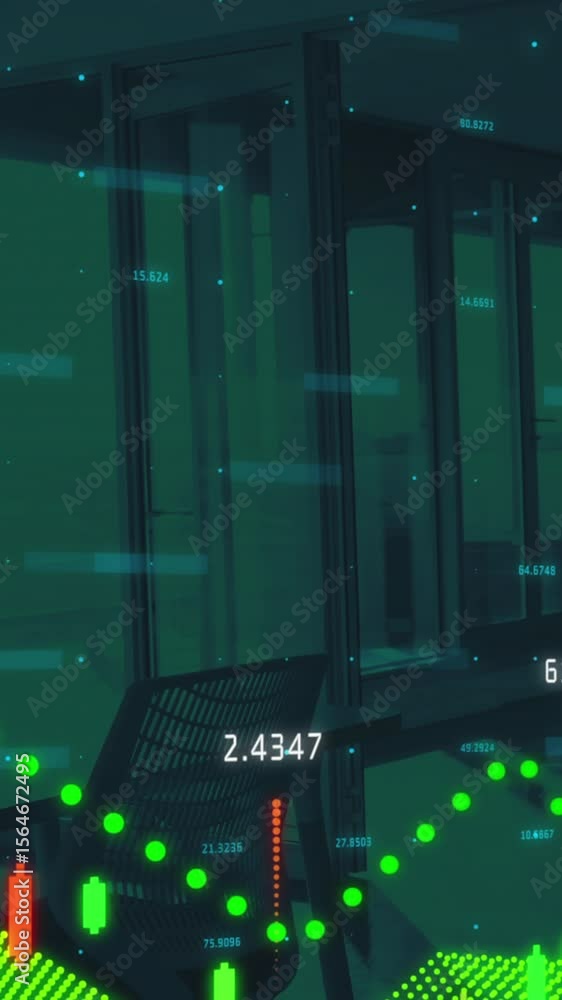 Aufkleber animation of financial data processing with statistics over empty office