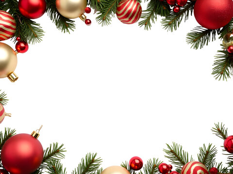 Festive Red and Gold Christmas Ornaments and Pine Branches Frame Isolated on a transparent background