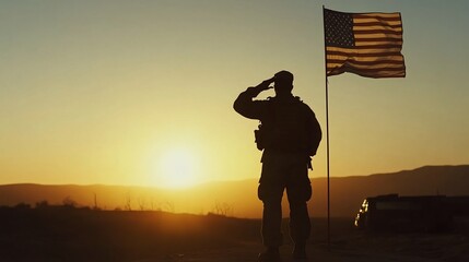 Silhouette of Soldier Saluting the American Flag at Sunset with Mountain Views