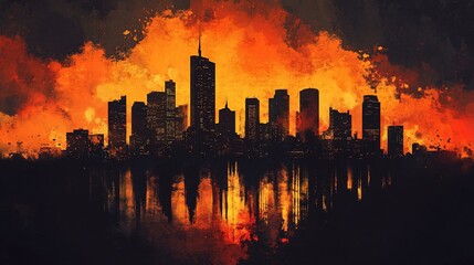 Dramatic Skyline Silhouette Against a Fiery Sunset with Water Reflection