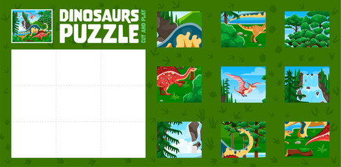 Kids animals jigsaw puzzle logic game quiz with prehistoric dinosaurs. Cartoon cut and play worksheet with dino animals and jungle landscape pieces. Vector educational activity layout with dinosaurs © Vector Tradition