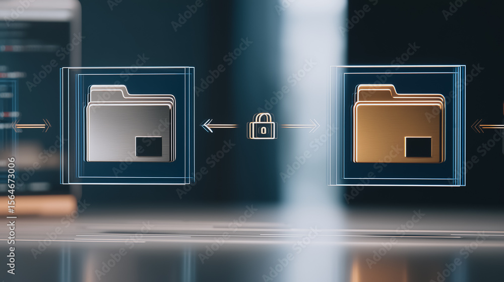 Poster digital exchange: illustrating the secure transfer of data, two stylized folder icons interact with 