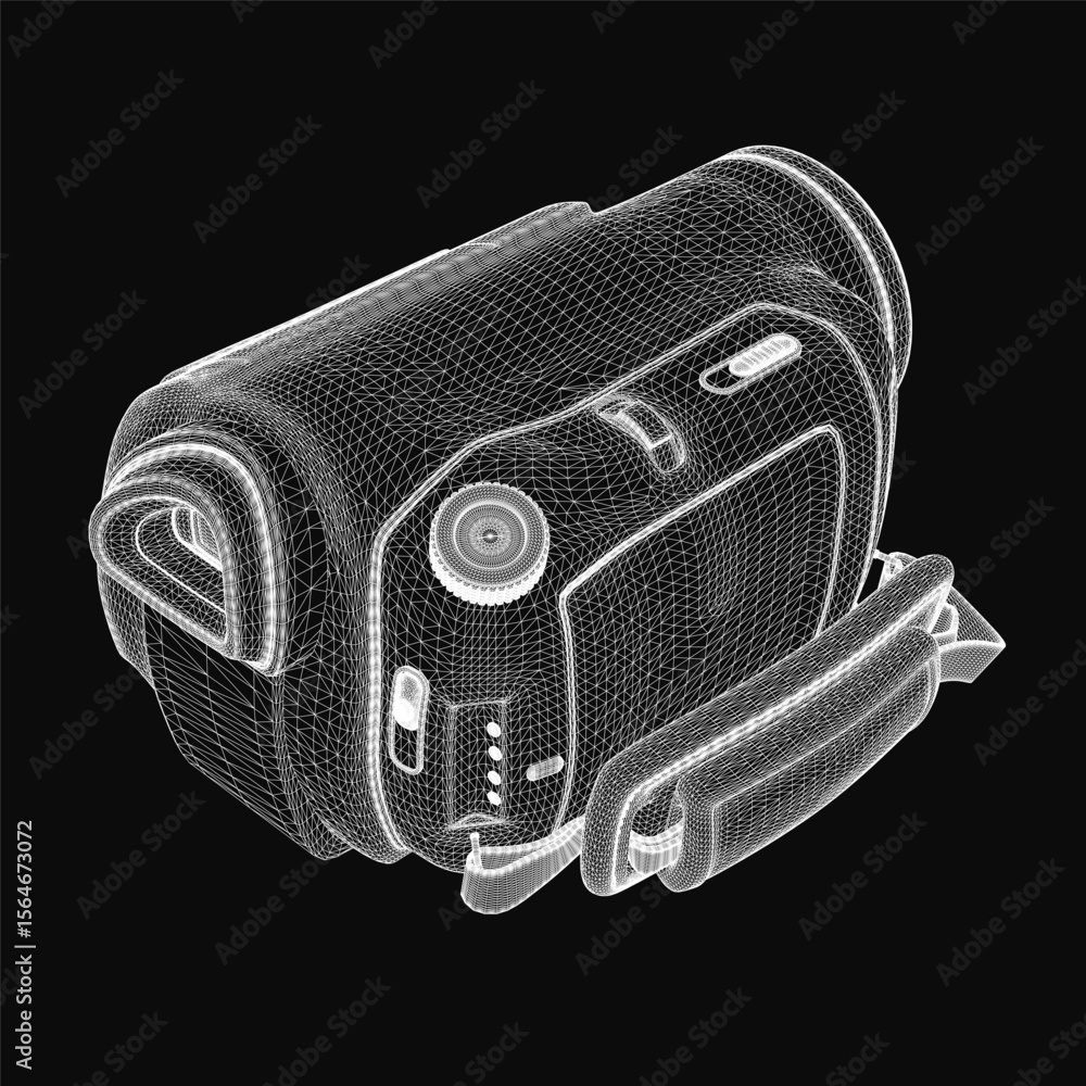 Poster a 3d wireframe model of a digital camera on a black background, featuring realistic detailing and sl