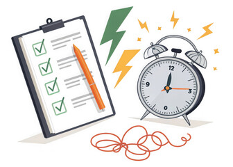 Fototapeta premium Checklist and alarm clock representing tasks and time management isolated on transparent background