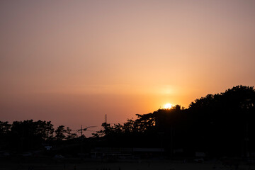 A view of the sunset over a forest on the beach