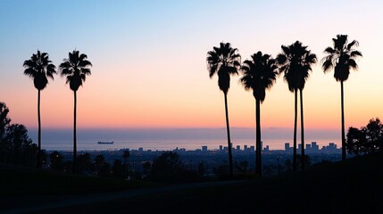 Los Angeles skyline at sunset with palm trees in silhouette backdrop