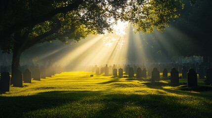 Ethereal Sunlight Piercing Through Cemetery Trees, a Serene Resting Place