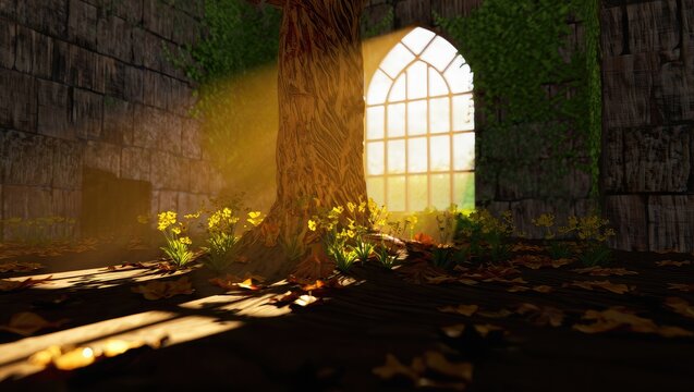 Ancient tree bathed in sunlight stone wall window