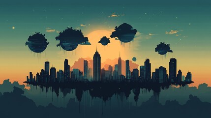 Futuristic Cityscape with Floating Islands and Sunset Aesthetic Illustration
