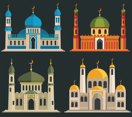 Colorful Flat Design Mosques with Crescent Moons and Distinctive Architectural Styles