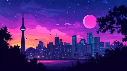 Vibrant Toronto Skyline at Night: A Dreamy Animated Landscape Painting
