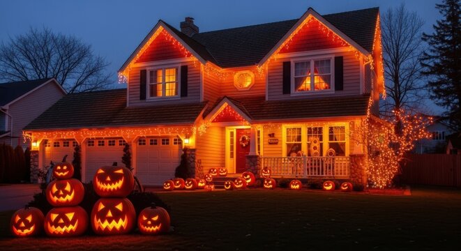 Spooky Halloween Decorations Illuminate a Suburban House at Dusk - Powered by Adobe