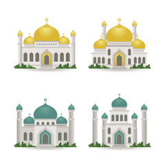 Detailed Illustrations of Islamic Mosques with Golden and Teal Domes