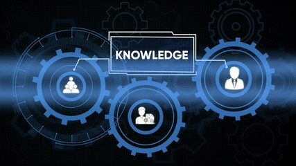 Digital knowledge transfer concept with gears people icons and a folder on a dark background - Powered by Adobe