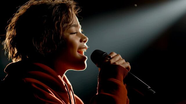 Young singer performs with passion, bathed in stage lighting, delivering vocals with intensity. This live performance captures the essence of a talented musician.