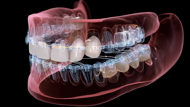 A side view of a 3D animated jaw shows the internal mechanics of bite correction using invisible retainers. The animation details the force generated by the aligners as they apply targeted
