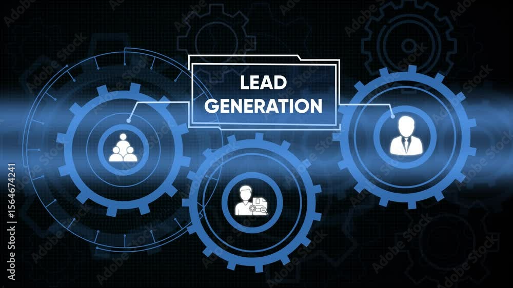 Poster animated illustration showing lead generation processes and data flow