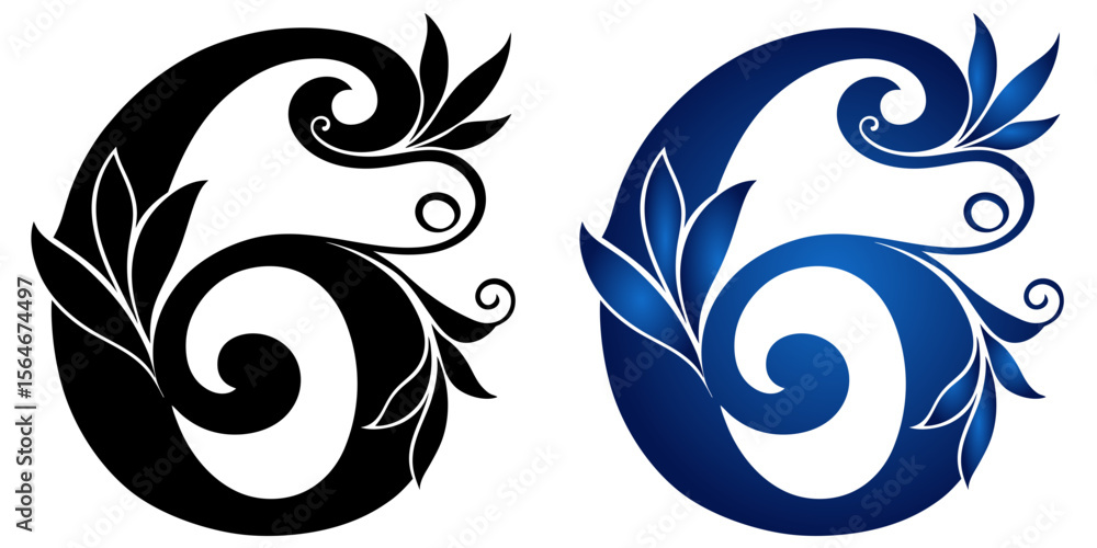 Poster abstract design of number 6 six in black and blue gradient with floral elements, isolated vector ima