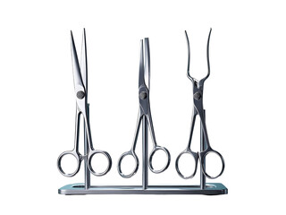 Three Polished Chrome Medical Instruments on a Modern Stand Isolated on a Transparent Background scissors