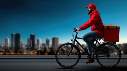 Fototapeta premium Delivery man in red uniform riding bicycle with parcel box, eco-friendly urban delivery, sustainable transportation, city street background, fast and green service