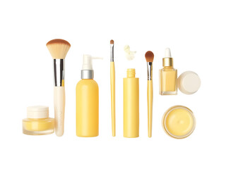 Yellow Makeup Brushes and Cosmetic Products Set Isolated on a Transparent Background cosmetics beauty
