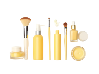 Yellow Makeup Brushes and Cosmetic Products Set Isolated on a Transparent Background cosmetics beauty