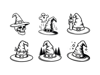 Halloween witch hats skull ghost candle trees stars vector