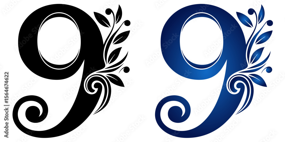 Poster number 9 nine in two design variants black and blue gradient, isolated vector image on transparent b