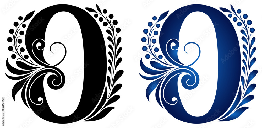 Poster decorative number 0 zero in black and blue gradient design with foliage, isolated vector image on tr