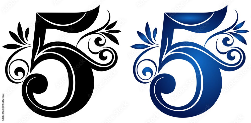 Poster decorative number 5 five in black and blue gradient, isolated vector image on transparent background