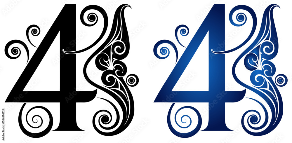 Aufkleber decorative number 4 four in black and blue gradient design, isolated vector image on transparent bac