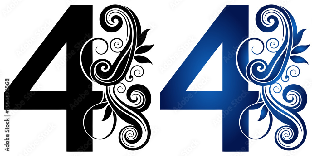 Poster number 4 in two design variants: black and blue gradient, isolated vector image on transparent backg