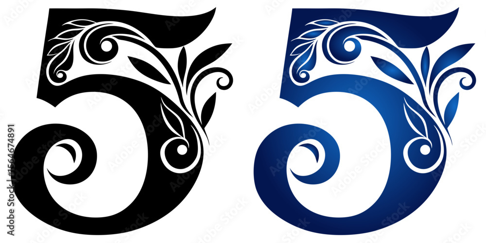 Poster decorative number 5 five in two design variants black and blue gradient, isolated vector image on tr