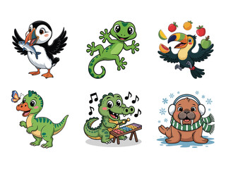 Fototapeta premium Puffin with fish gecko toucan juggling fruits dinosaur with butterfly alligator playing xylophone walrus in snow