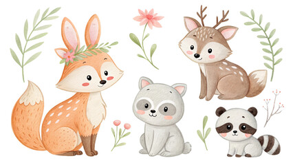 Fototapeta premium Watercolor baby animals clipart set: baby fox, bunny, bear, deer, and raccoon, hand-painted in soft pastel colors, transparent background, nursery design