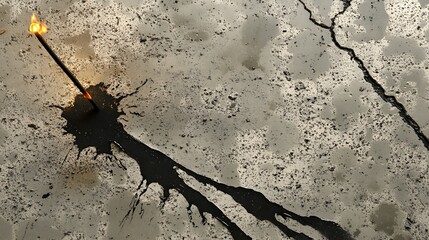 Burning Fuse Igniting a Splash of Black Tar on Concrete.