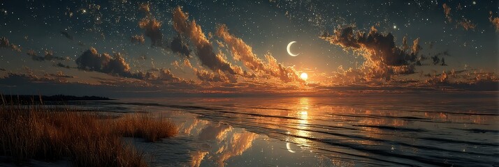 Stunning sunset with crescent moon over calm waters and clouds reflecting evening light in a tranquil landscape