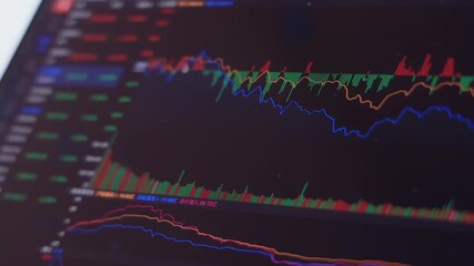 Traders monitor candle stick business forex colorful diagrams and stock market data investing concept with digital financial chart graphs, diagrams and indicators dynamics on dark background - Powered by Adobe