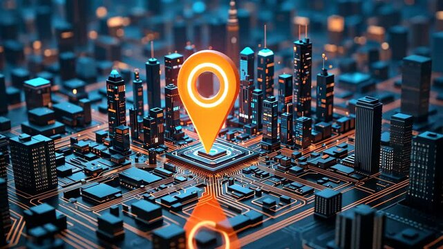 Bright orange map pin above futuristic cityscape at night with glowing buildings and streets seen from top view. Concept of smart city navigation and geolocation technology