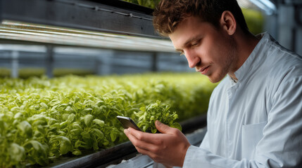Scientist hydroponic greenhouse agriculture technology research plant smartphone modern green