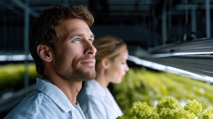 Scientist hydroponic greenhouse agriculture lettuce modern technology research indoor farming. Scientist modern hydroponic greenhouse researching