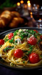 Delicious pasta dish served with cherry tomatoes and parsley in a cozy dining setting