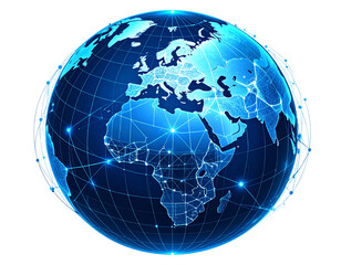 Naklejka premium Digital Wireframe Earth Globe in Blue Neon Style, Transparent PNG