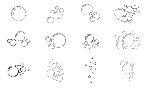 Bubbles fizzy foam doodle sketch hand drawn set. Line shampoo bubbles, champagne gas linear. Water balls. sparkles.