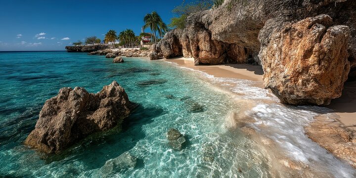 Breathtaking shoreline with clear turquoise water and rocky formations under a bright blue sky - Powered by Adobe