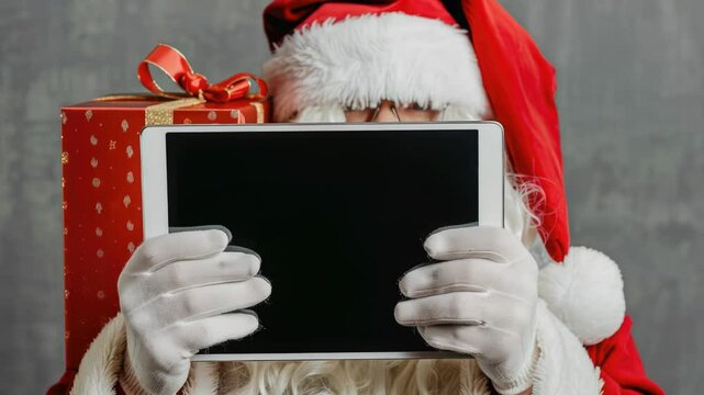 Santa Claus holding a tablet computer, a modern twist on the classic holiday character